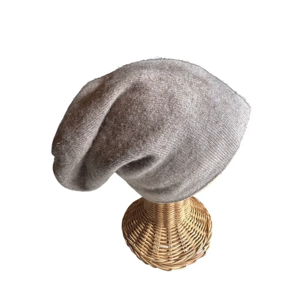 Jaxmonoy Slouchy Knit Beanie Hat Beige Tan Unisex Soft Stretch Minimalist Patch
